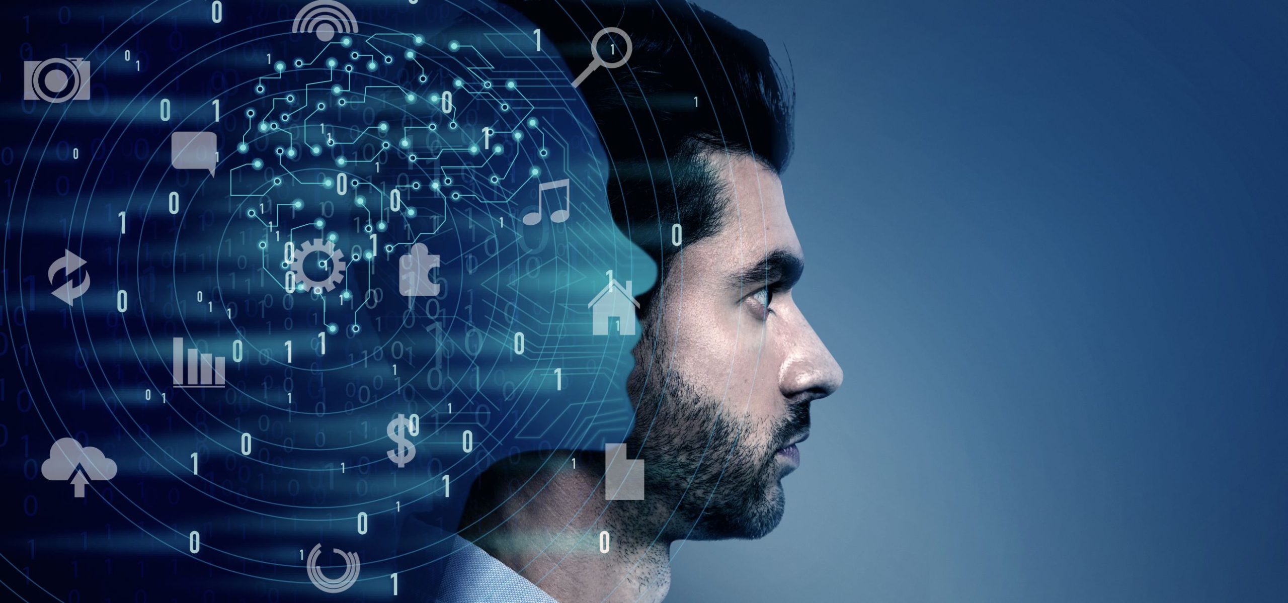 Perfil de homem com cérebro digital sobreposto