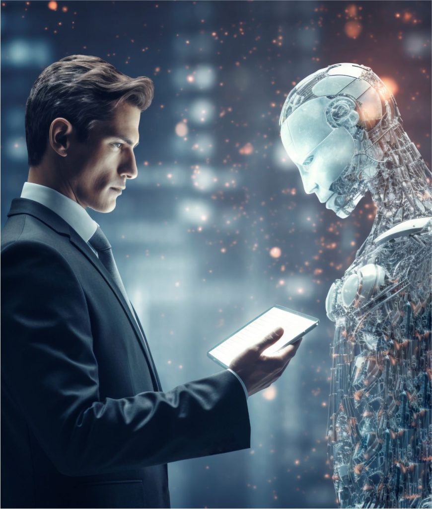 Homem de fato a interagir com um robô humanoide